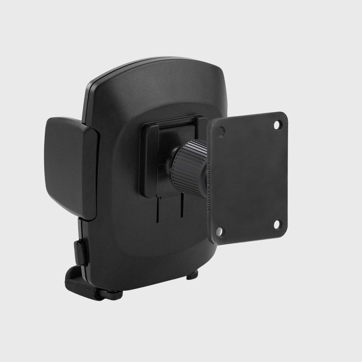 Car mount with one-touch release button for easy phone removal, featuring a black plastic cradle and adjustable mounting mechanism.