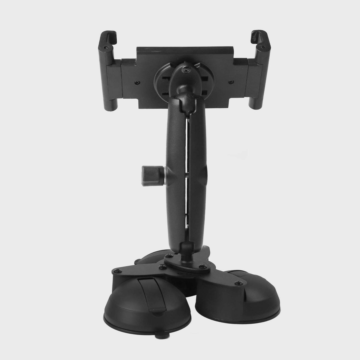 Top view of black industrial mount with hex logo, measuring dimensions for truck or fleet installation, includes mounting hardware.