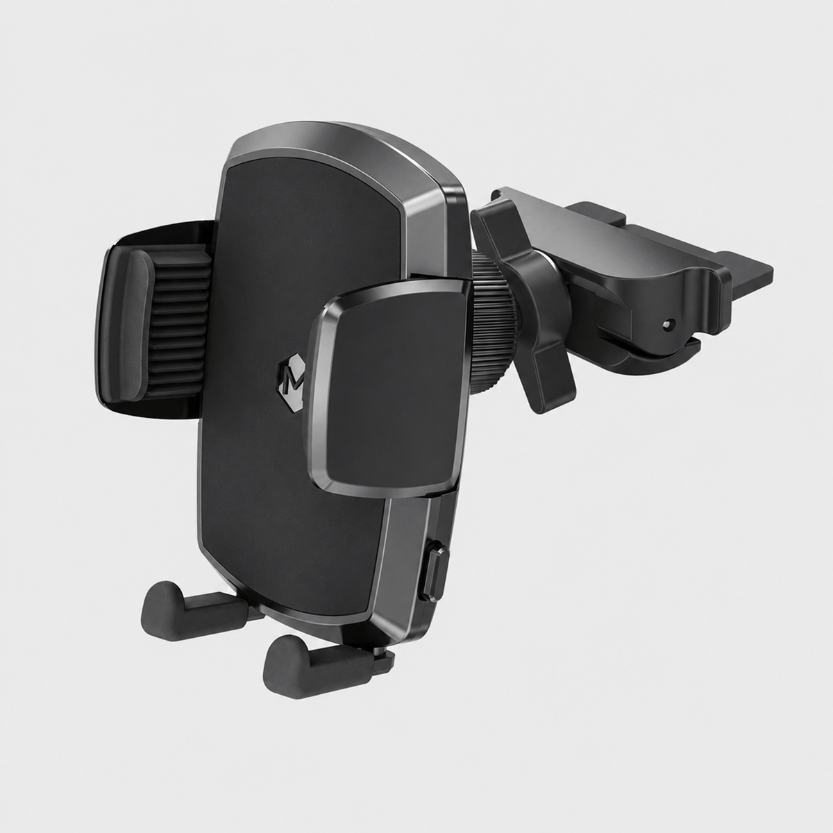 Black car mount with adjustable cradle for smartphones, featuring a deep-grip design and one-touch release button, mounted on vehicle dashboard