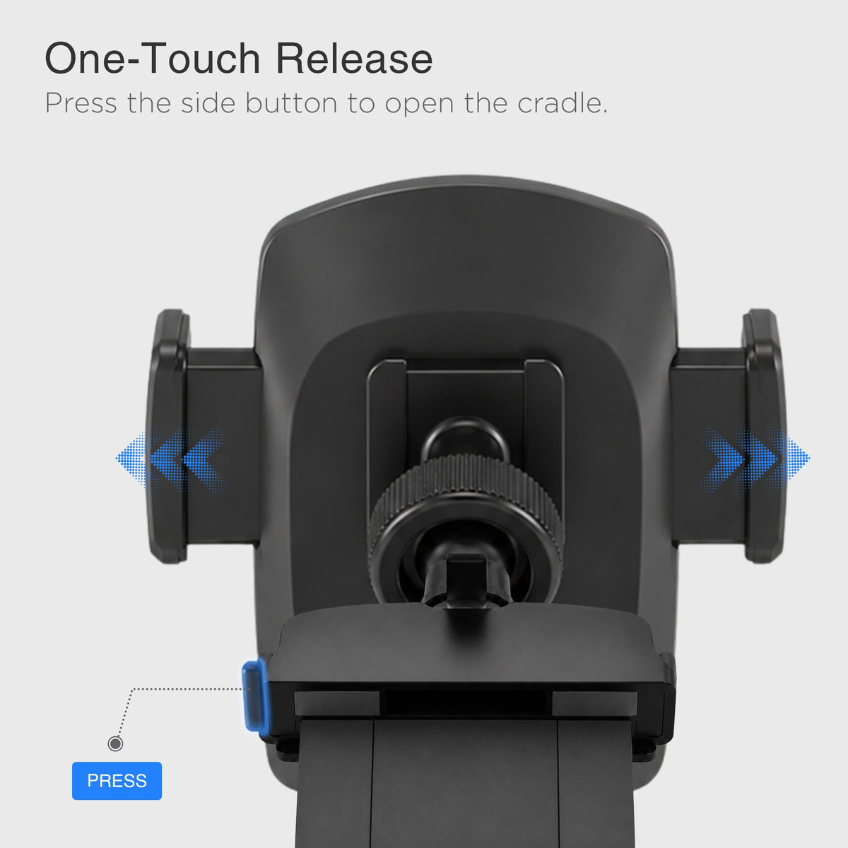 Black car mount with adjustable cradle and blue release button, designed for secure smartphone attachment, with a textured grip and mounting base