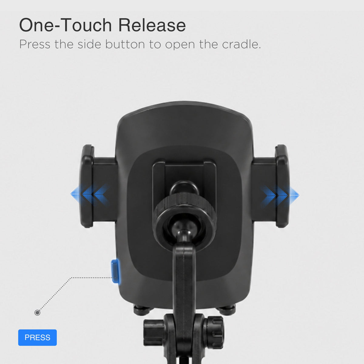 Side view of black car mount with extendable arm and adjustable cradle, mounted on vehicle dashboard with smartphone attached