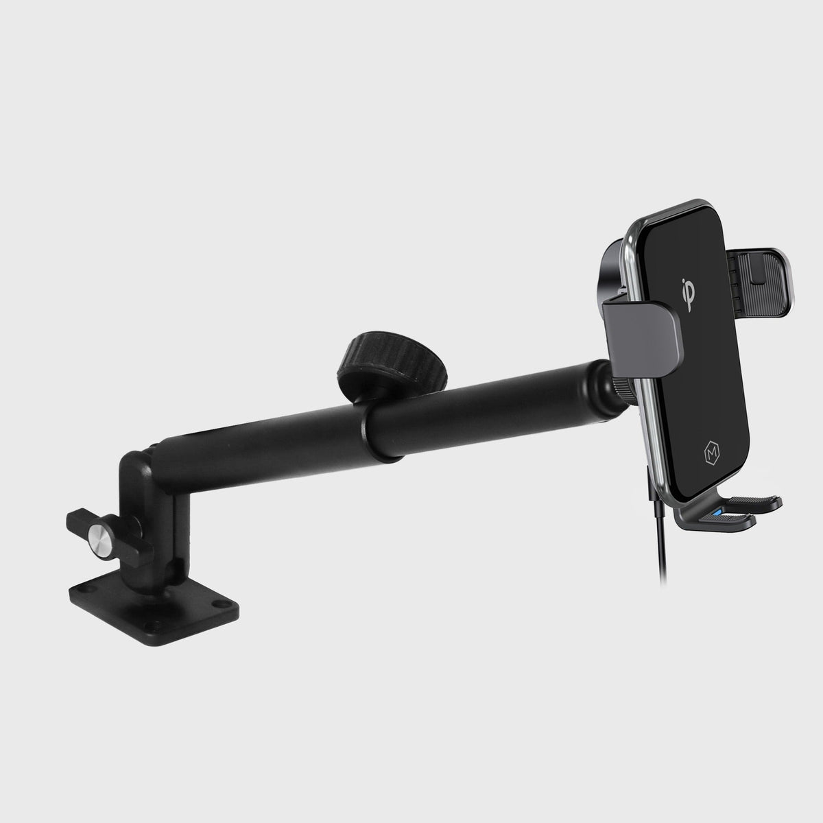 Heavy-duty black industrial mount with adjustable clamp and base for securing the Mighty Mount wireless car charger, dimensions 4.31 inches by 9 inches.