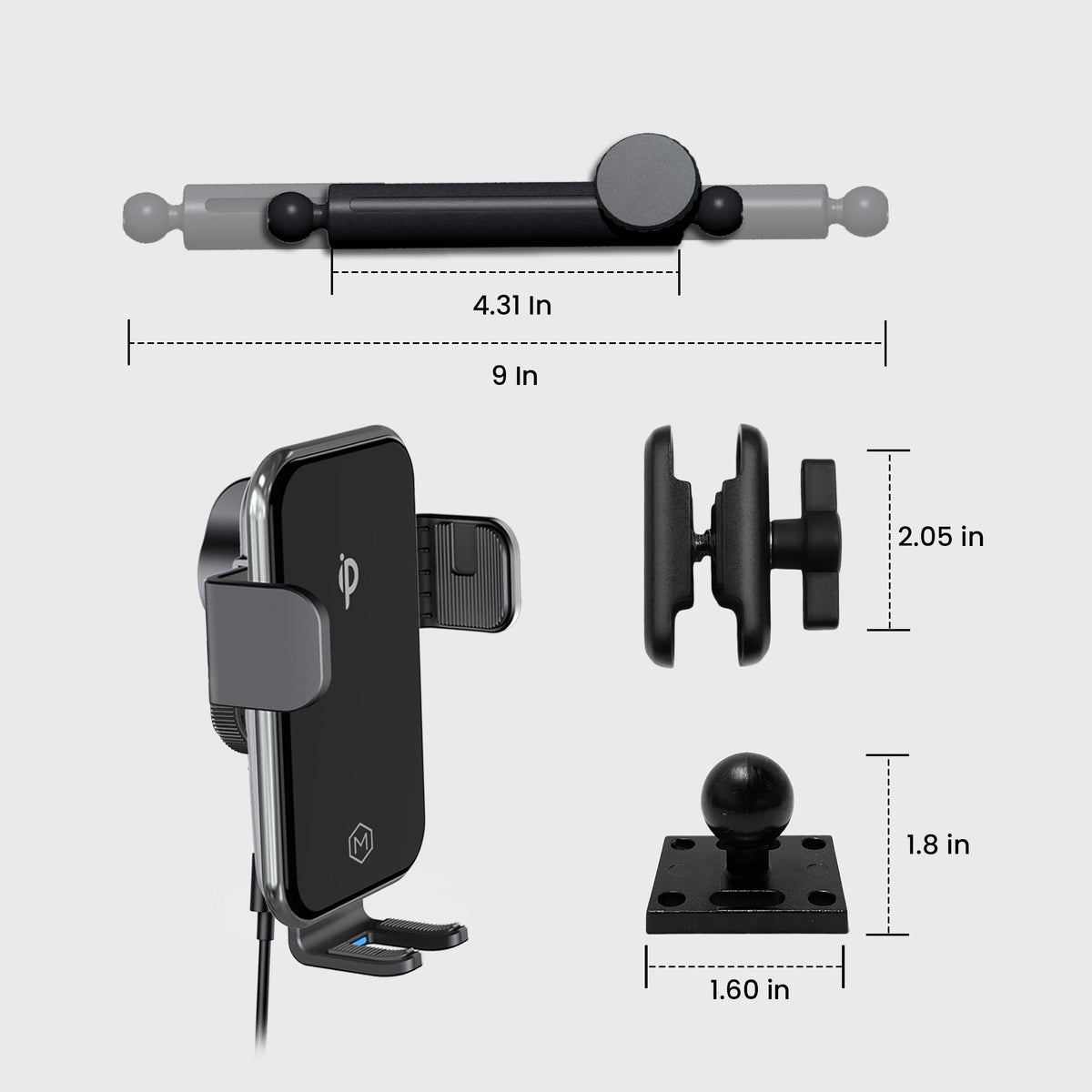 Rear view of the wireless car charger mounted on the industrial mount, with the adjustable arm extending 1.60 inches and the clamp holding a smartphone.