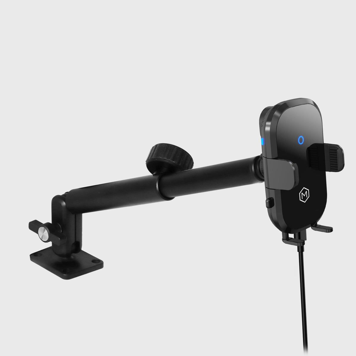 Heavy-duty black auto scan wireless car charger phone mount with adjustable clamp, mounted on a black industrial mount for trucks and vans