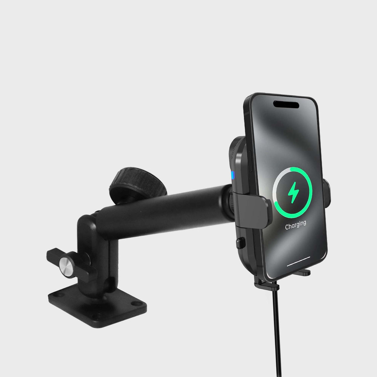 Heavy-duty rugged auto scan wireless car charger mount with industrial black finish, mounted on vehicle dashboard for phone charging