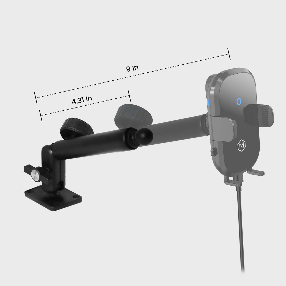 Side view of the rugged auto scan wireless car charger with adjustable grip, mounted on a black industrial mount for work vans and trucks