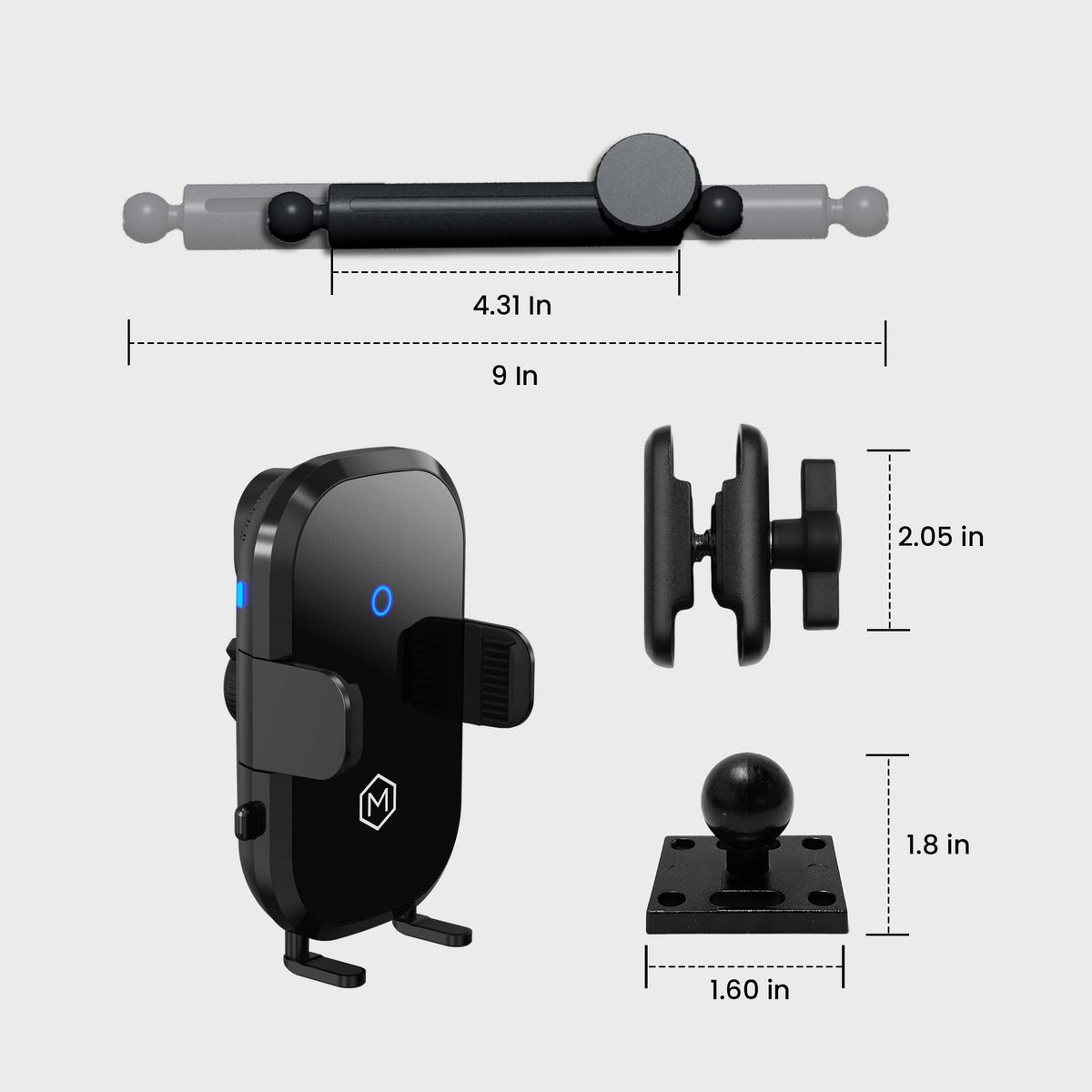 Close-up of the wireless car charger with dimensions 4.31 inches by 9 inches, showing its sleek black design and mounting hardware