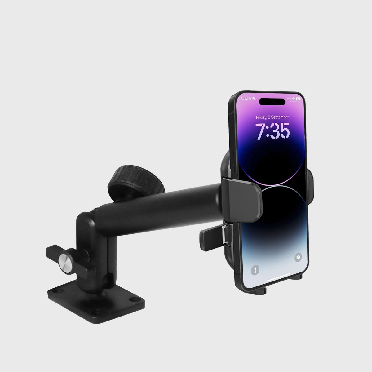 Close-up of the industrial mount with adjustable clamp and black textured grip, suitable for securing smartphones in vehicles, SKU: M4500-65