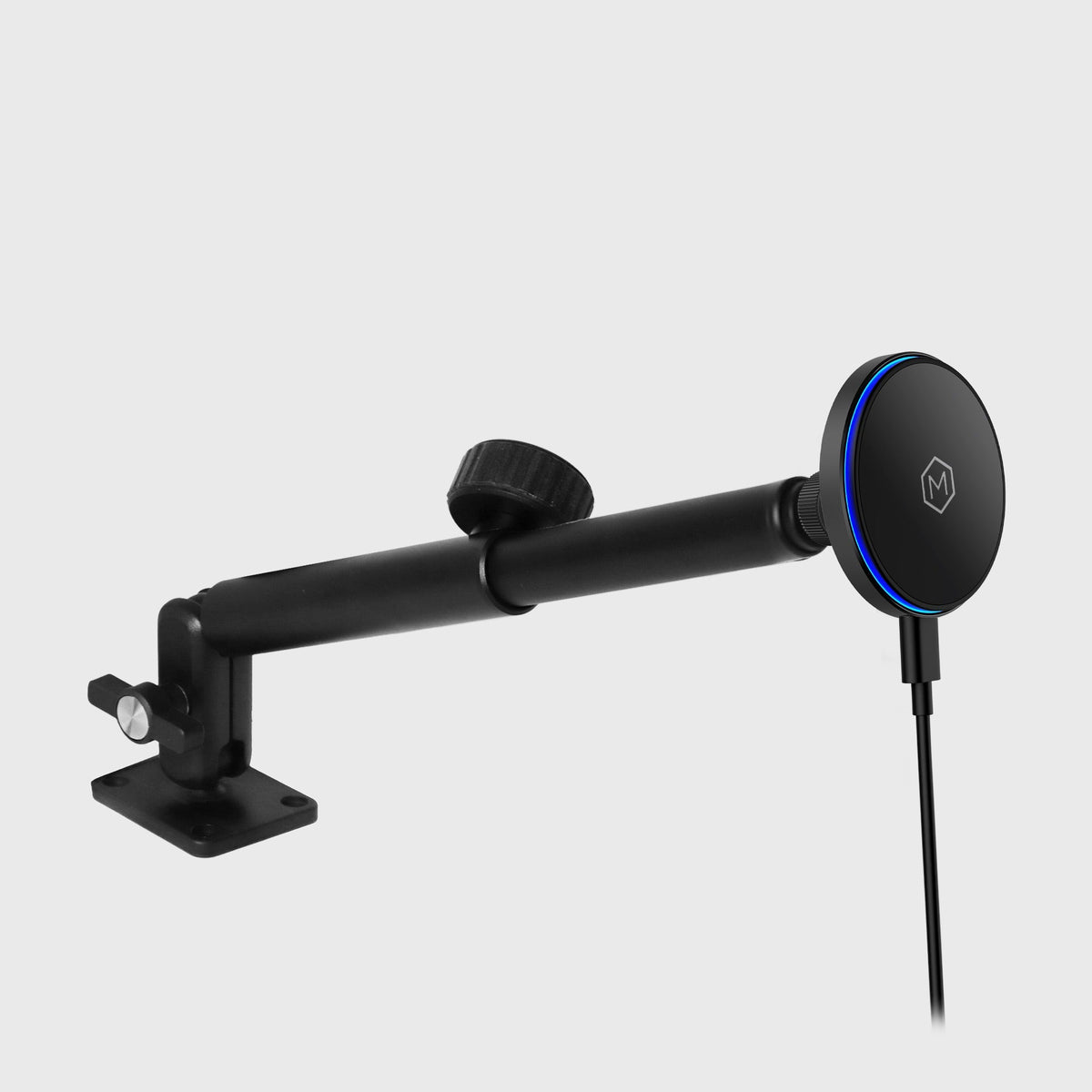 Heavy-duty black magnetic car phone mount with blue LED ring, industrial design, mounted on a black metal arm for truck or van use