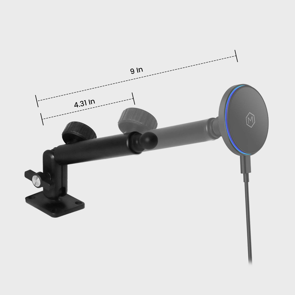 Magnetic car phone holder with a wireless charging feature, showing the charging icon on a smartphone screen, mounted on a vehicle mount