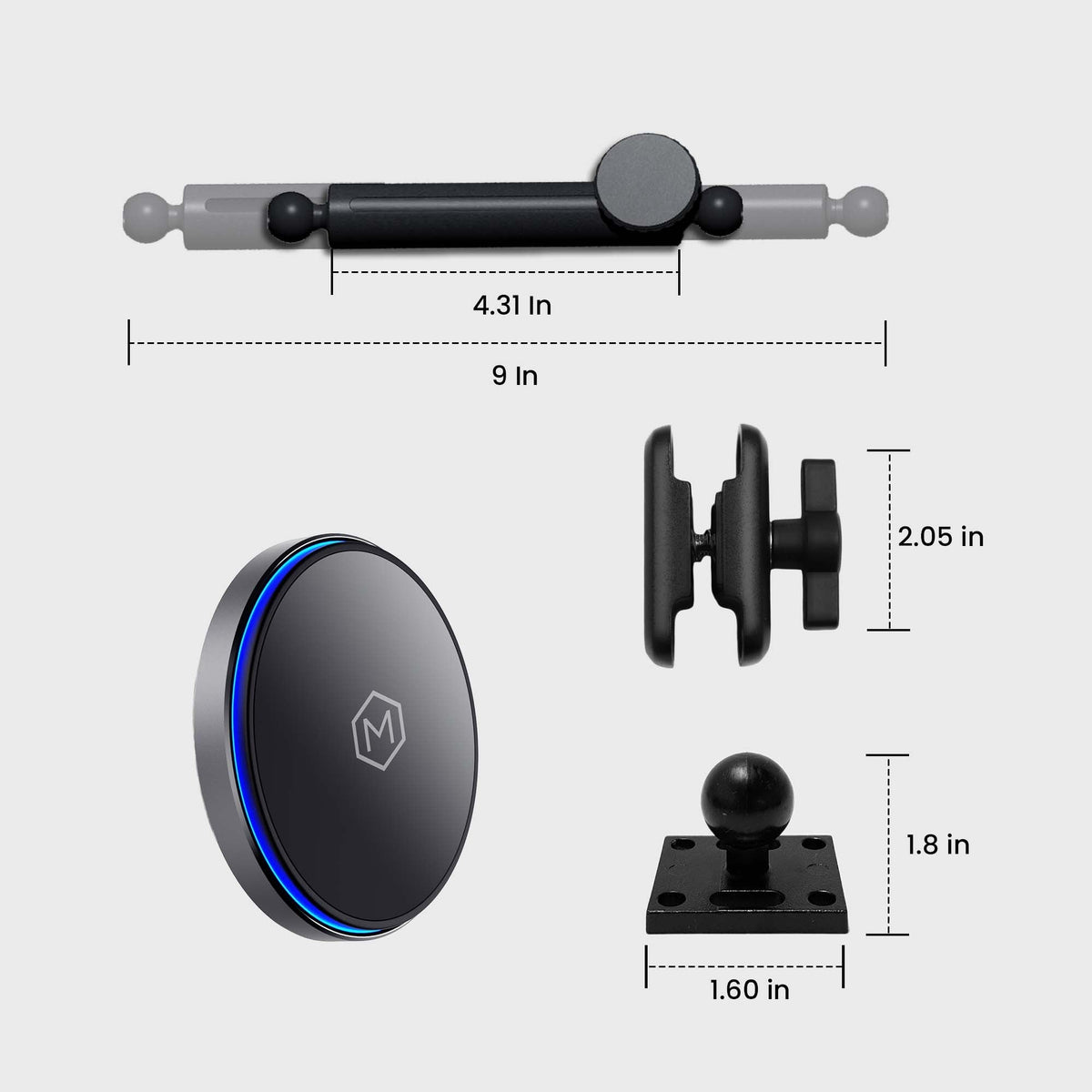 Side view of the magnetic car phone mount with a 2.05-inch height, attached to a vehicle dashboard or windshield for hands-free use