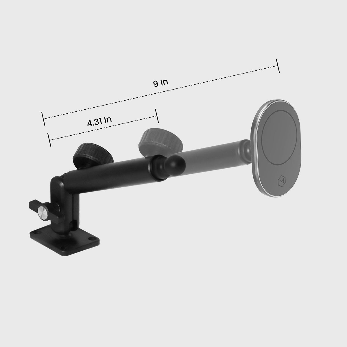 Top view of magnetic car phone mount showing adjustable arm, magnetic surface, and measurement details for installation