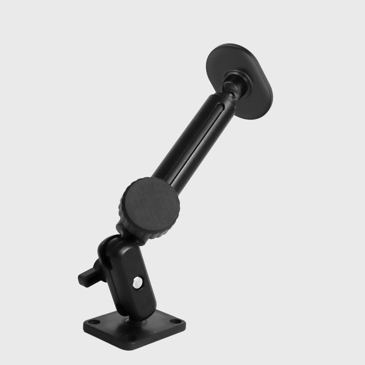Side view of magnetic car phone mount with adjustable arm, suction cup base, and dimensions for industrial vehicle mounting