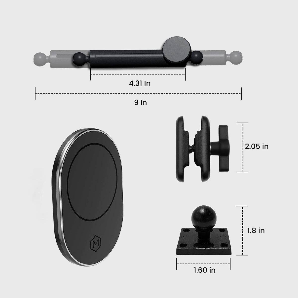 Magnetic car phone mount with adjustable arm, suction cup base, and dimensions of 4.31 inches by 9 inches for industrial use