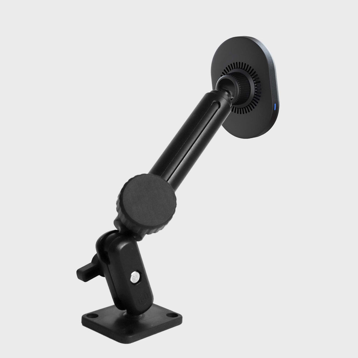 Side view of the magnetic wireless charger mount showing the adjustable arm and mounting base with dimensions 1.60 inches by 2.05 inches
