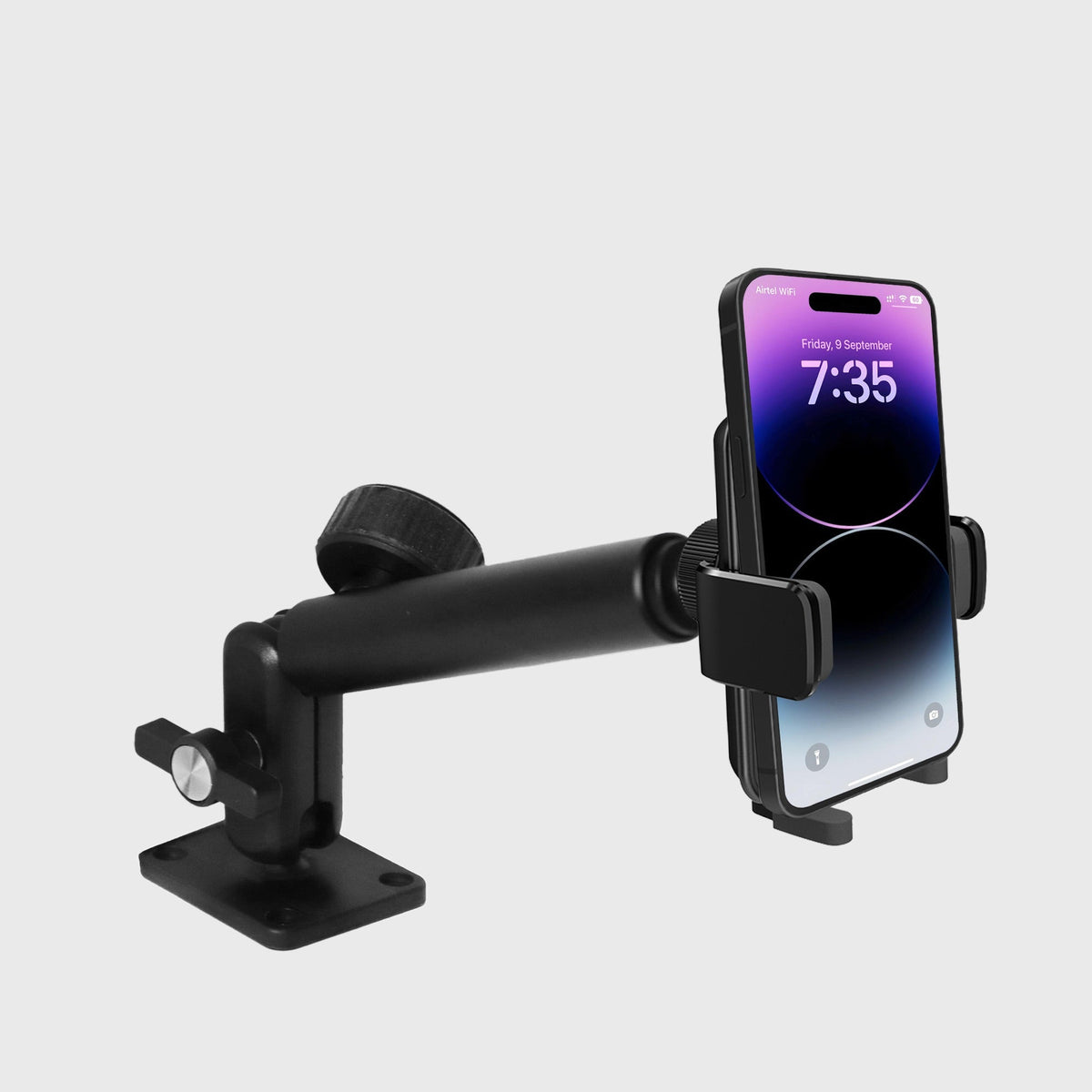 Close-up of the adjustable clamp on the rugged phone mount with measurements showing 4.31 inches width and 9 inches length