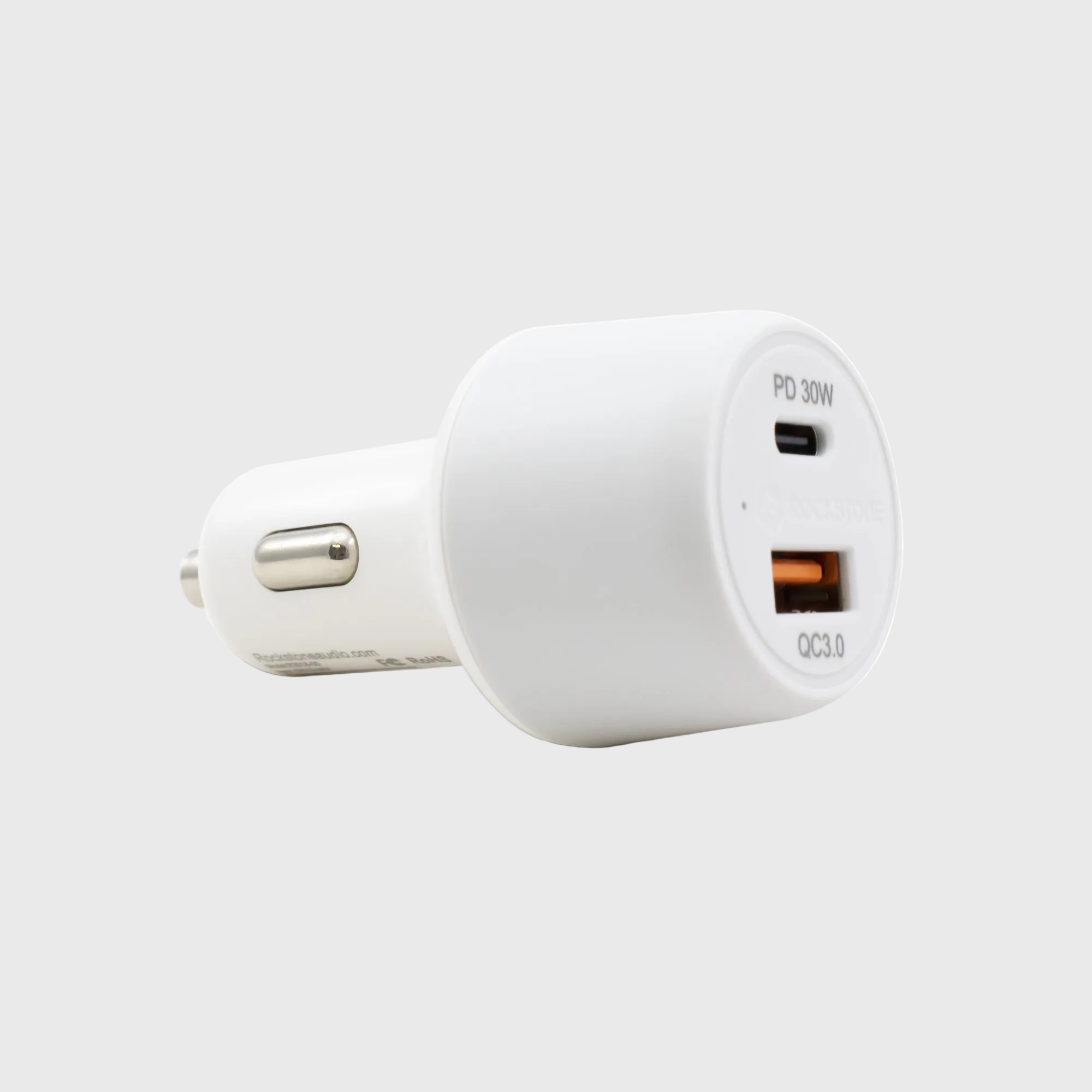 Close-up of white car charger with USB-C and USB-A ports, showing orange QC3.0 port and black USB-C port, compact and portable, SKU: R3018-00