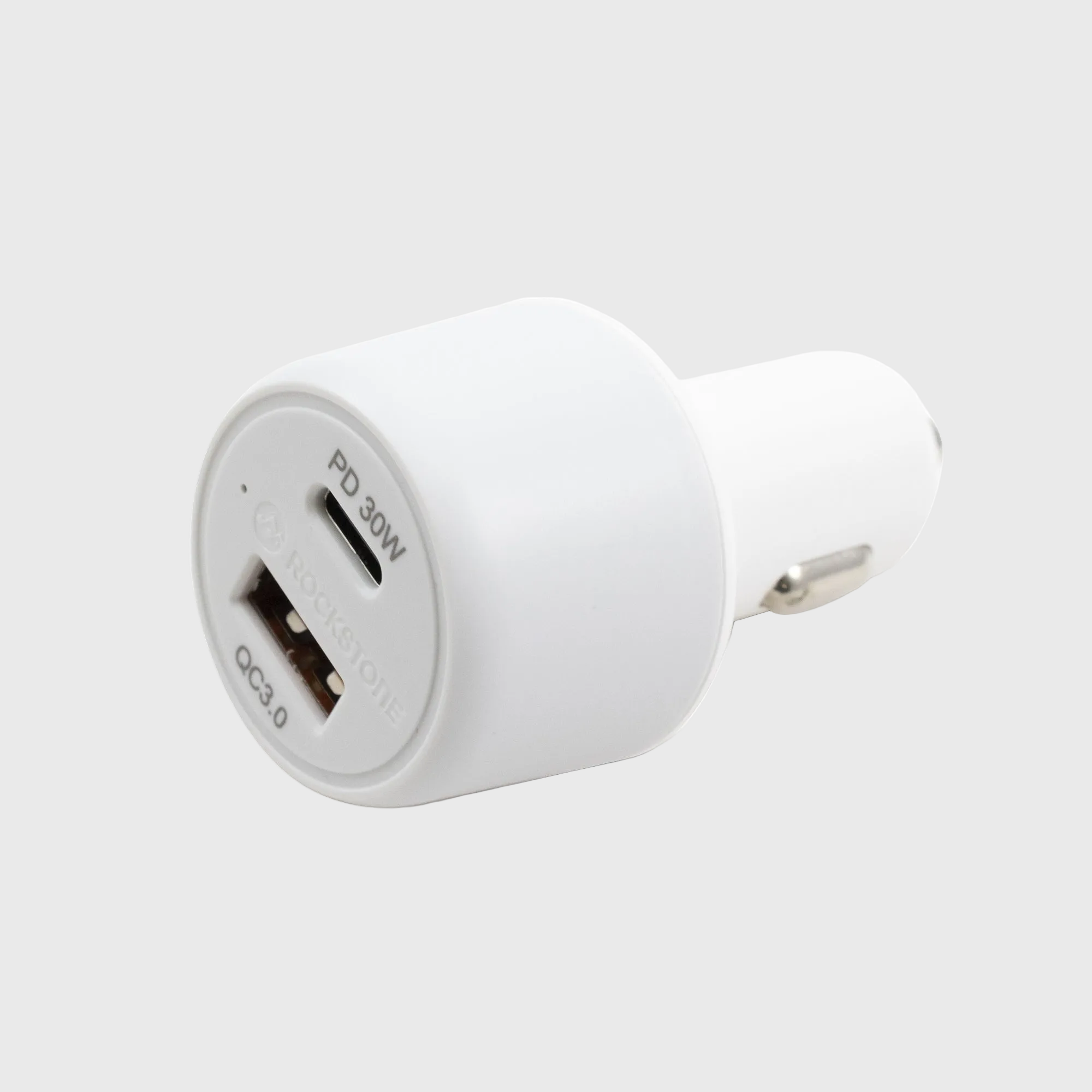 Front angle of white car charger with visible PD 30W and QC3.0 labels, showing USB ports and compact shape, SKU: R3018-00