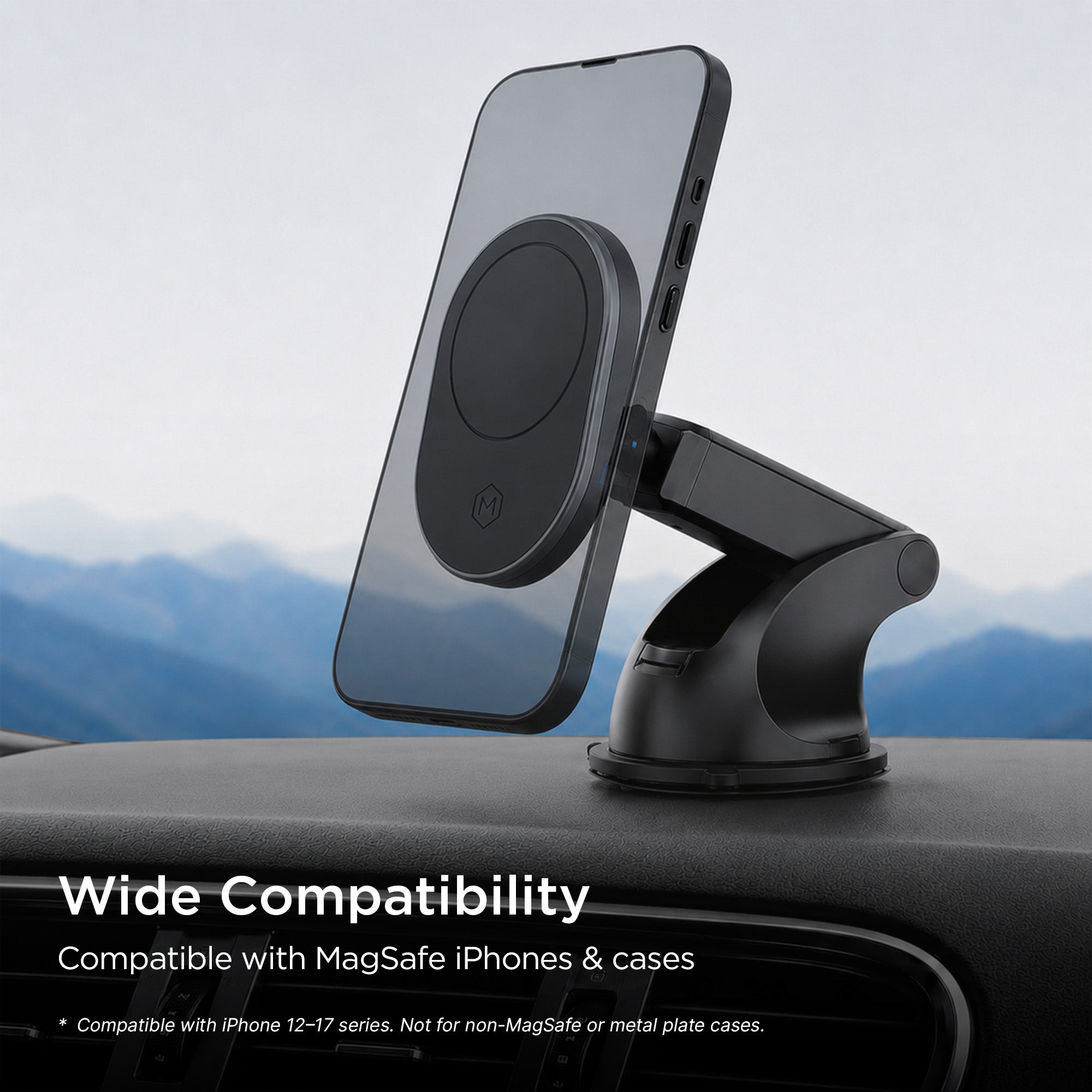 MagSafe Wireless Car Charger Suction Dash Phone Mount for iPhone and Android