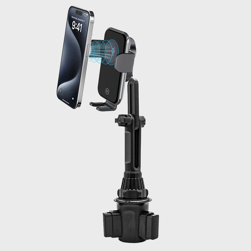 Auto Grip Cup Holder Wireless Charger – 15W Qi Fast Charging Auto-Clamp Phone Mount
