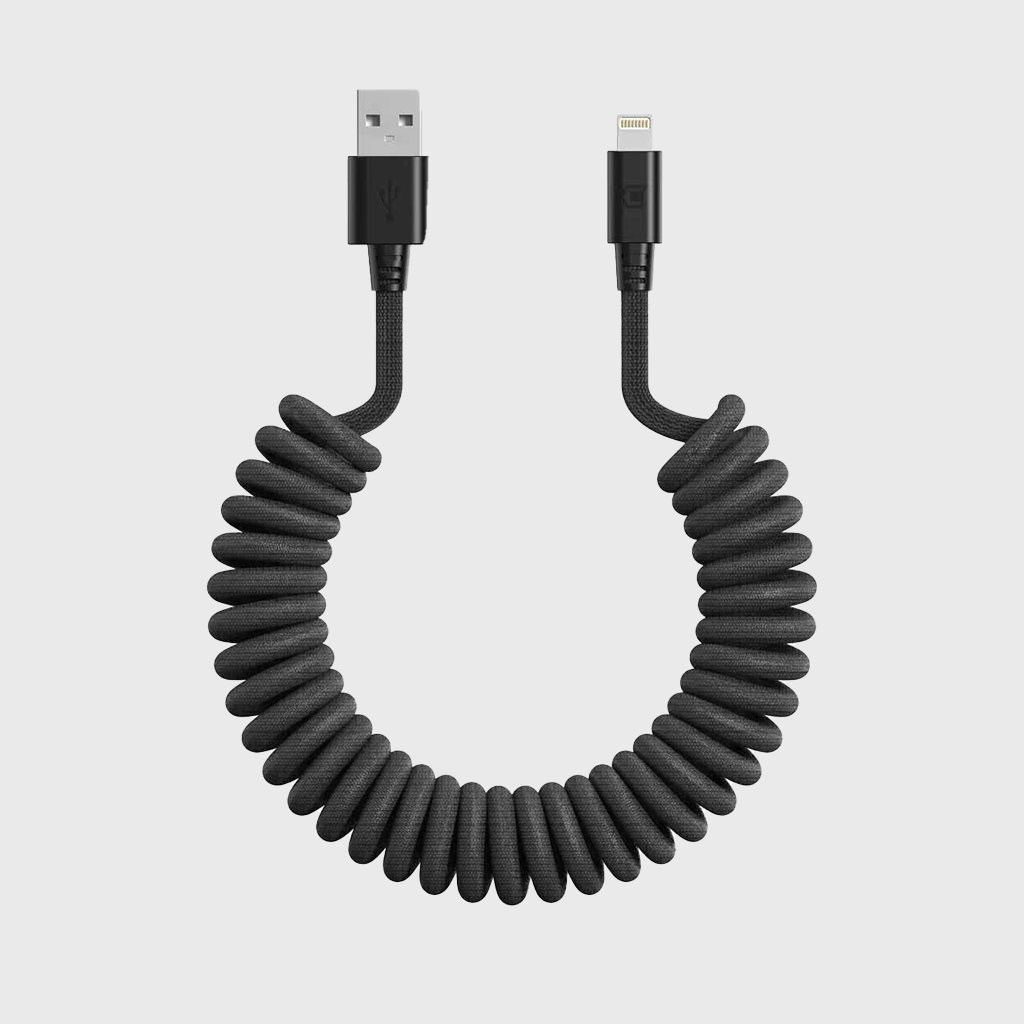 Black coiled USB-A to Lightning cable with braided nylon exterior, magnetic connectors, 1 meter length, designed for fast charging, SKU: C0520-50