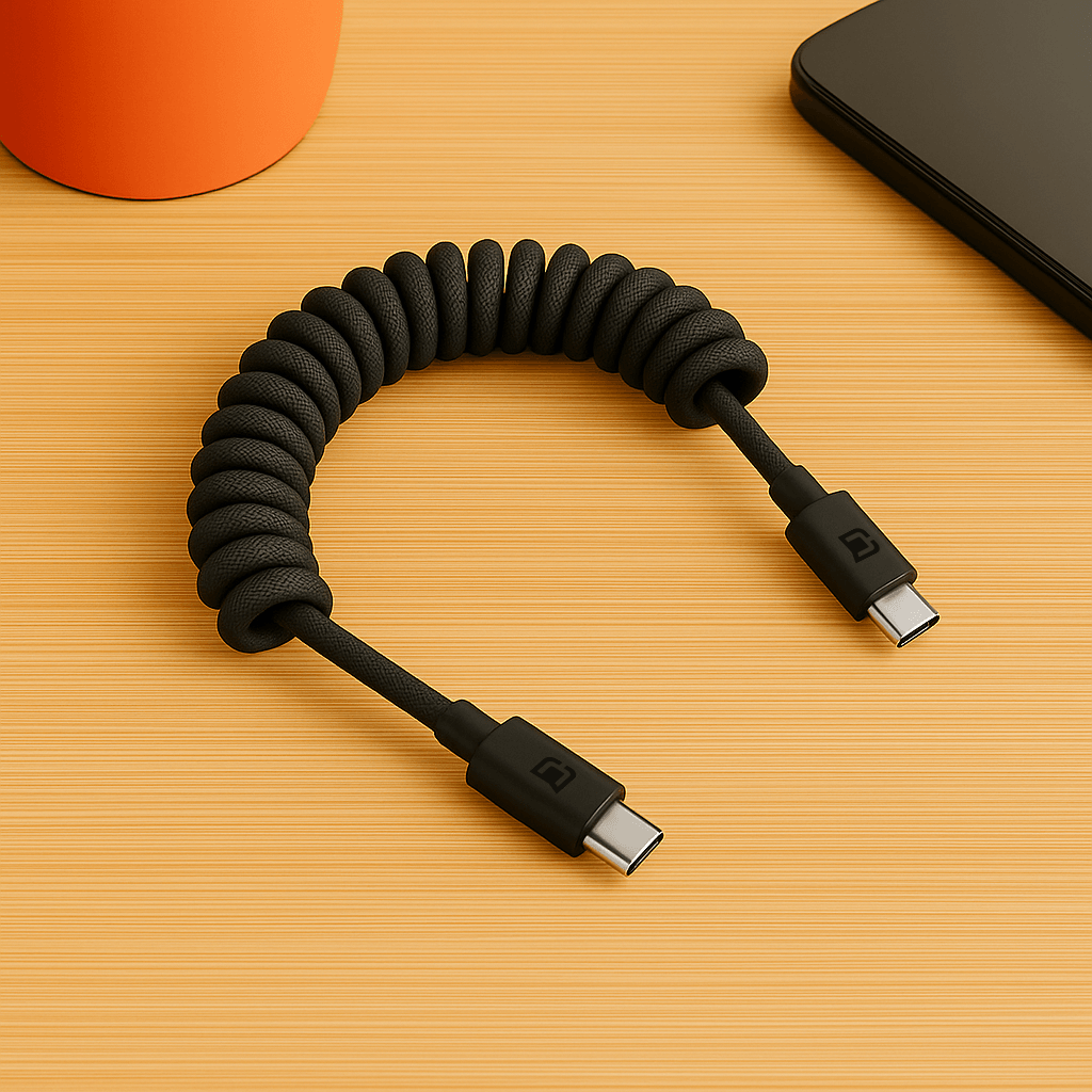 Close-up of black braided coiled USB-C to USB-C cable on a wooden surface, magnetic connectors, durable design for everyday use