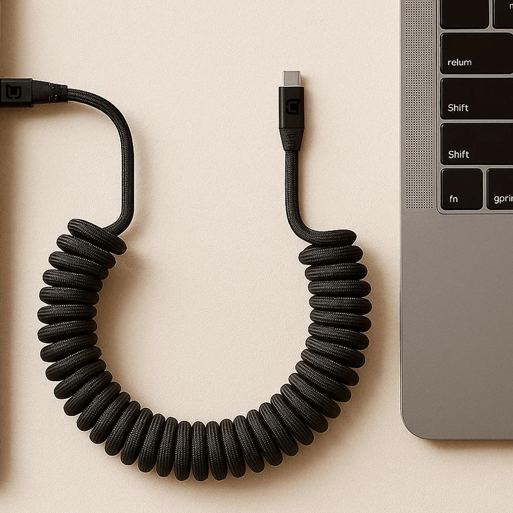 Coiled USB-C to USB-C cable connected to a laptop, black braided design with magnetic connectors, ideal for charging and syncing devices