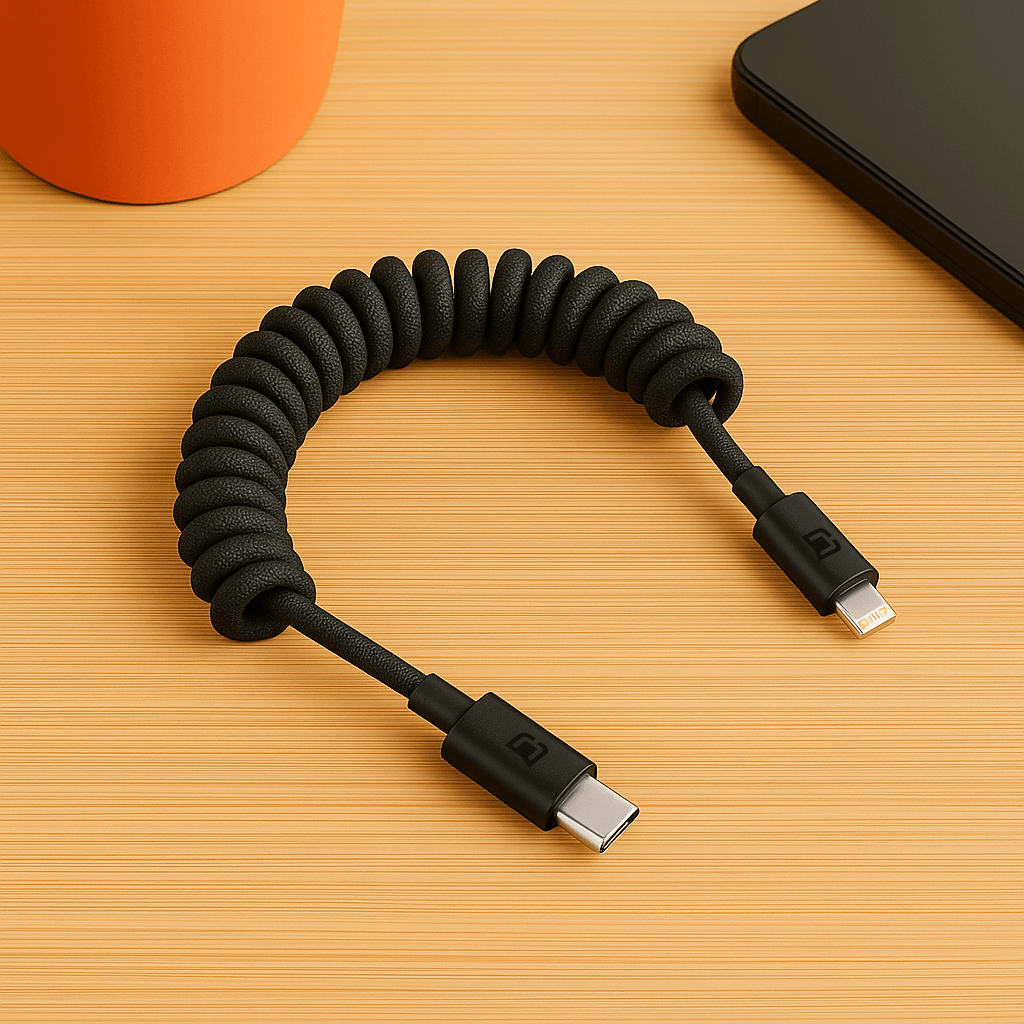 Black coiled USB-C to Lightning cable on wooden surface, with orange cup and black device nearby, showcasing flexible design