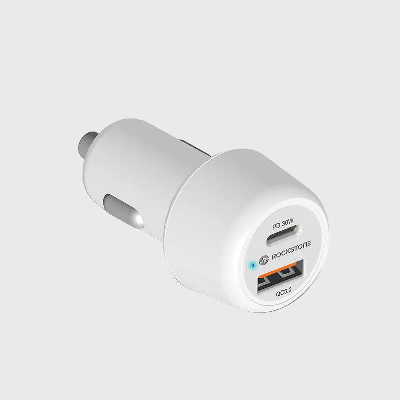 White dual port car charger with USB-C and USB-A ports, compact design, labeled PD 30W and QC3.0, for smartphones and tablets, SKU: R3018-00