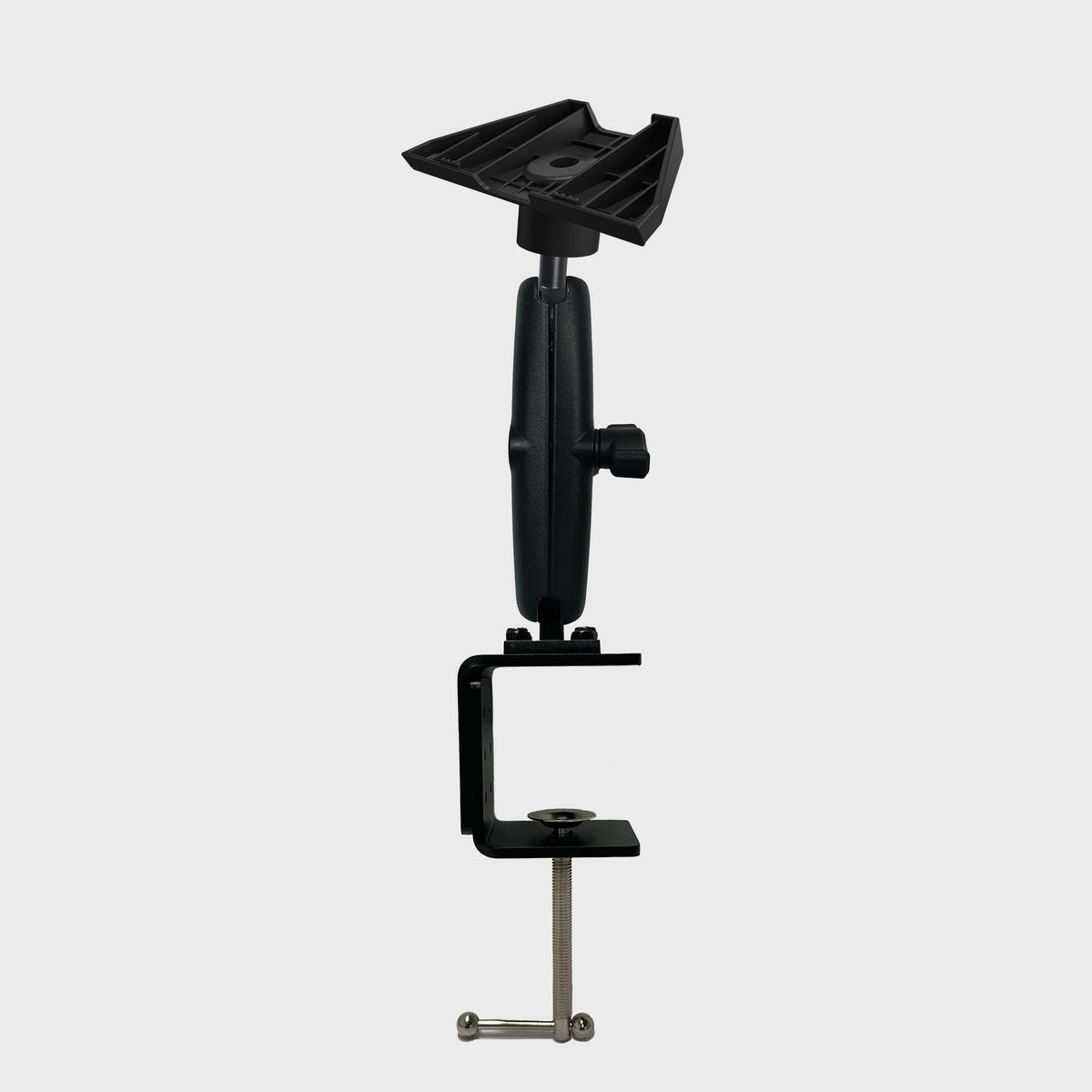 Black plastic mount with adjustable arm and base, measuring approximately 5.9 inches in height, used for outdoor satellite installation