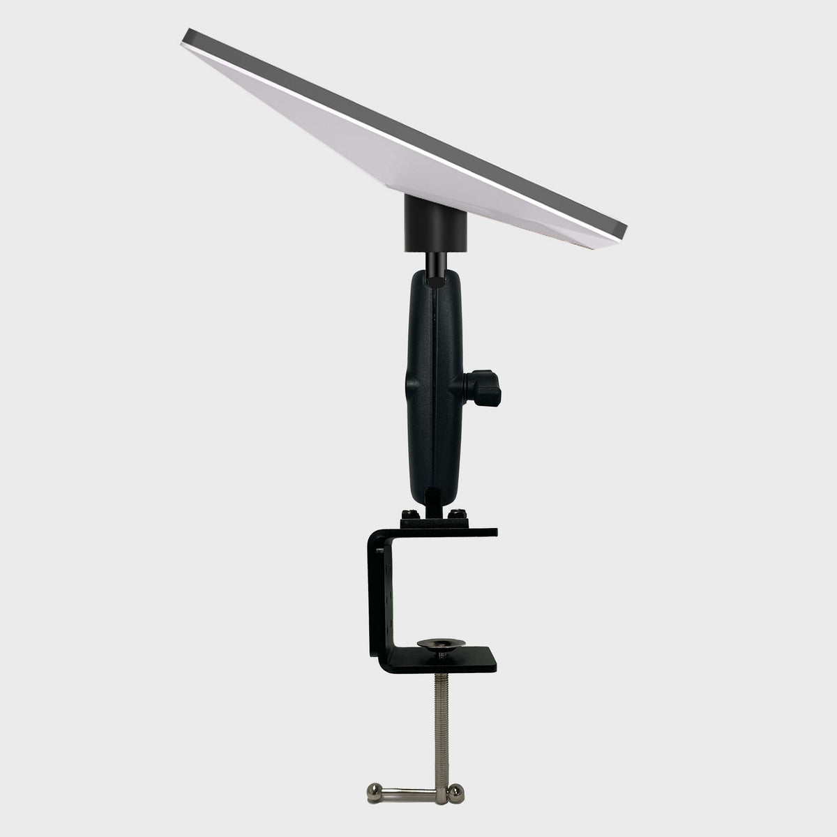Heavy duty desk mount base for Starlink Mini with black adjustable clamp, metal arm, and mounting screw for stable indoor or flat-surface setup