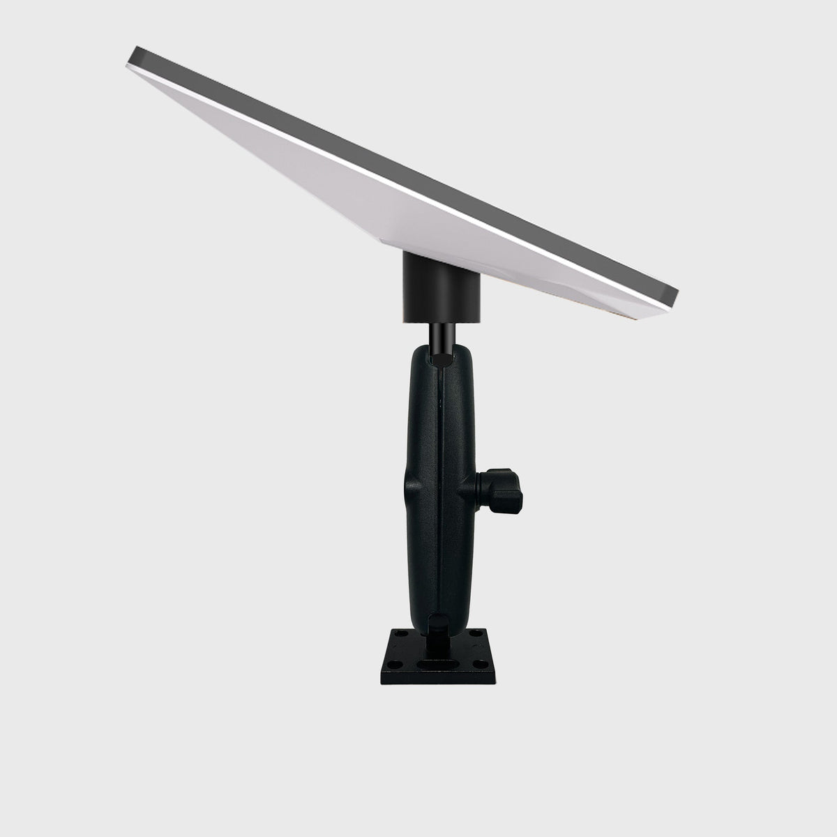 Heavy-duty black AMPS plate mount for Starlink Mini with precision connector, mounted on adjustable black stand, ideal for outdoor use
