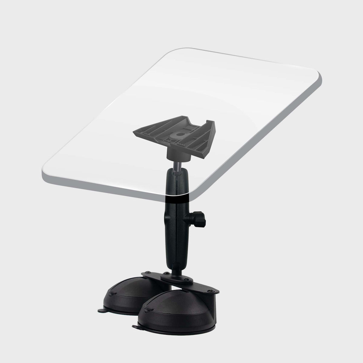 Black dual suction cup mount for Starlink Mini on a white table, adjustable arm, compact design, ideal for outdoor use - SKU: M9560-A2