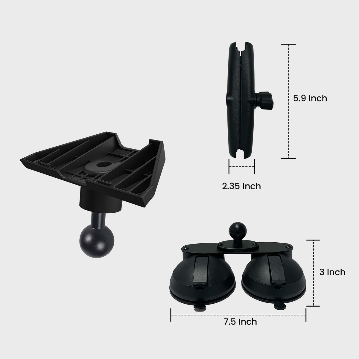 Black suction cup mount with adjustable arm and base, dimensions 7.5 inches wide, 3 inches tall, secure hold on vehicle roof