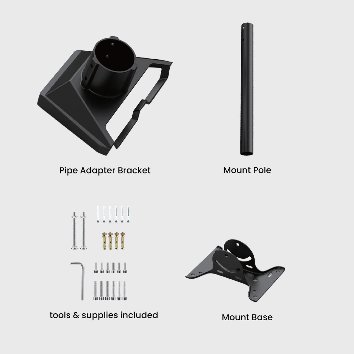 Black mount base with adjustable rotation feature, supporting the satellite dish for outdoor installation on a rooftop