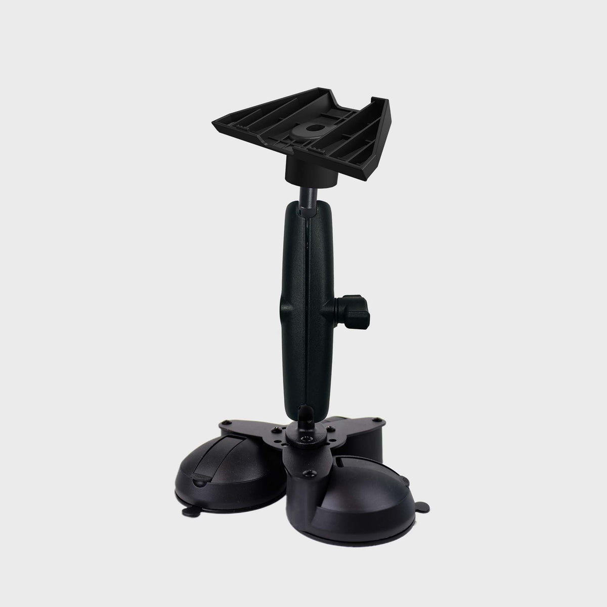 Black suction cup mount with adjustable arm holding a white Starlink Mini, installed on a boat or yacht, SKU: M9560-A3