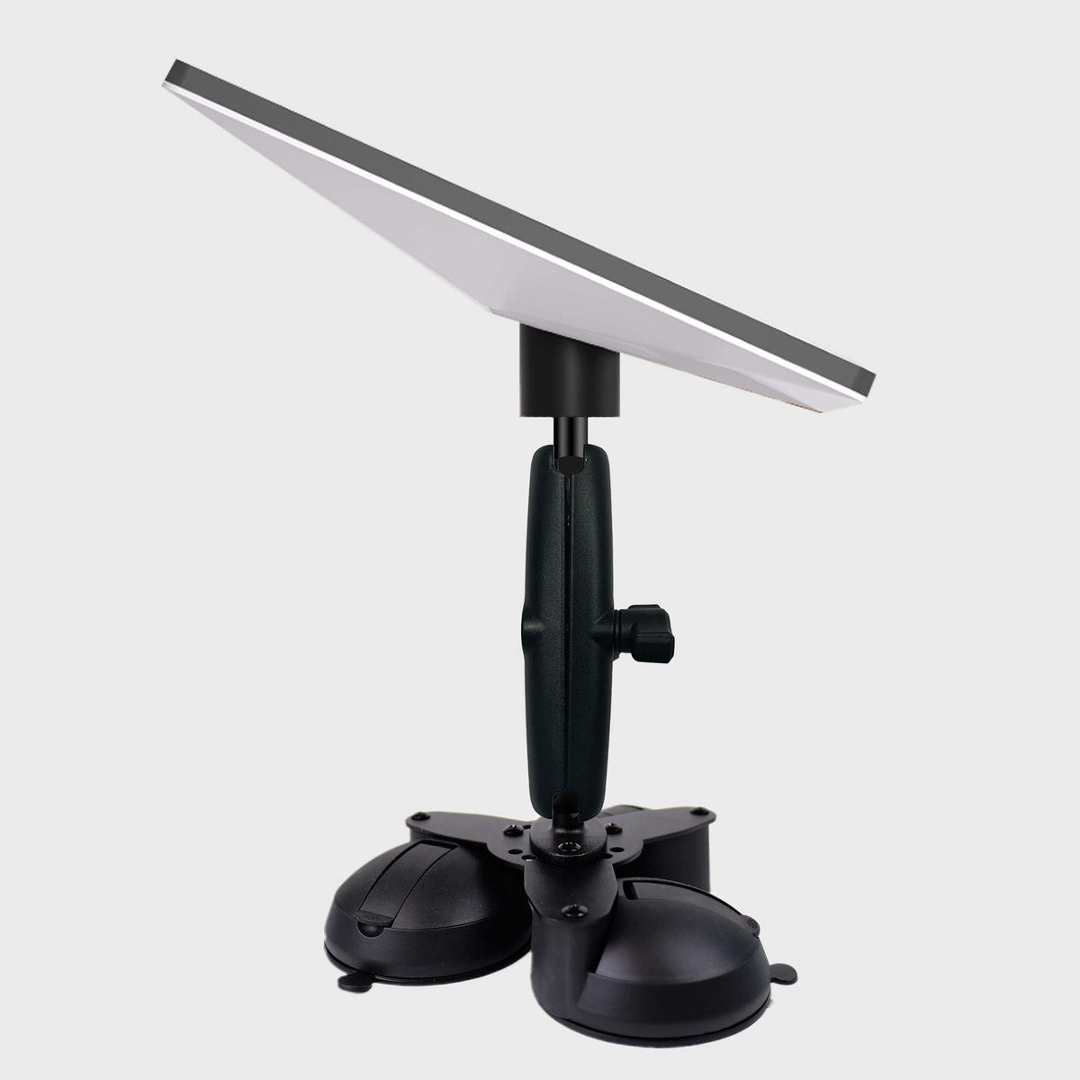 Black suction cup mount with adjustable arm holding a white Starlink Mini, installed on a boat or yacht, SKU: M9560-A3