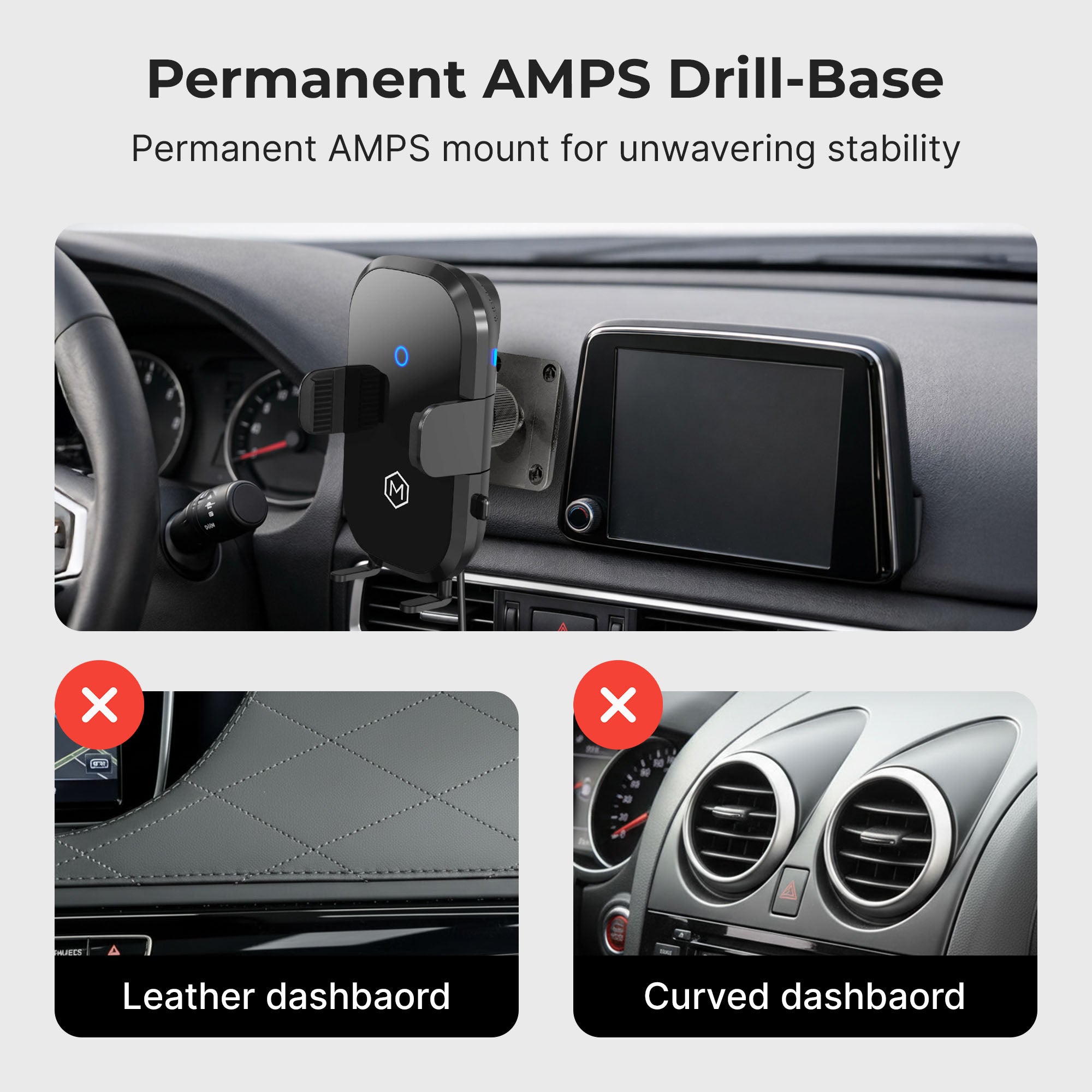 Auto Scan Fast Wireless Car Charger Mount with Drill Base AMPS Mounting Plate