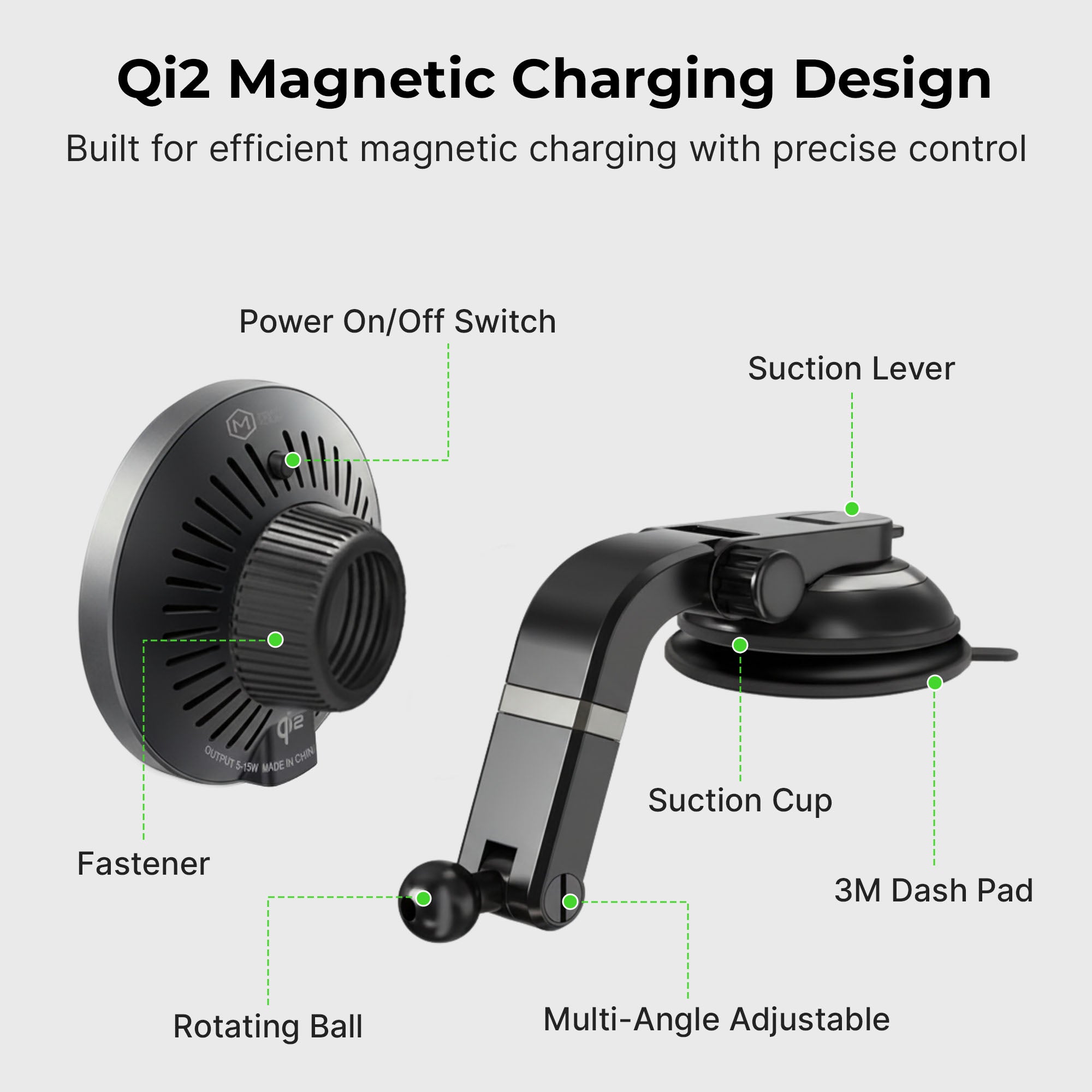 Mag Switch Qi2 Wireless Charger – Multi-Angle Suction Car Mount for iPhone 12–17