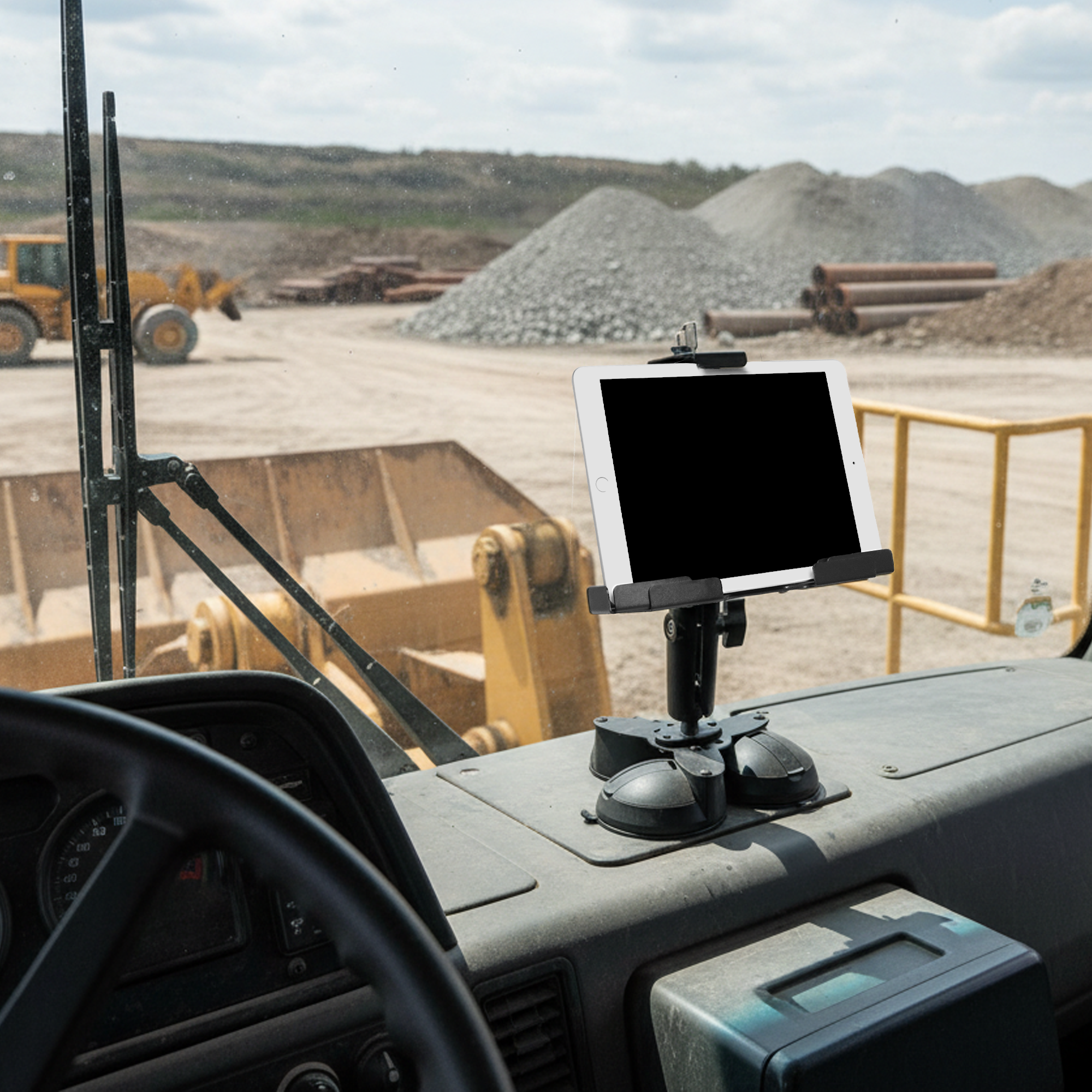 9”–13” Triple Suction Cup Tablet Holder – Metal Locking Industrial iPad Mount