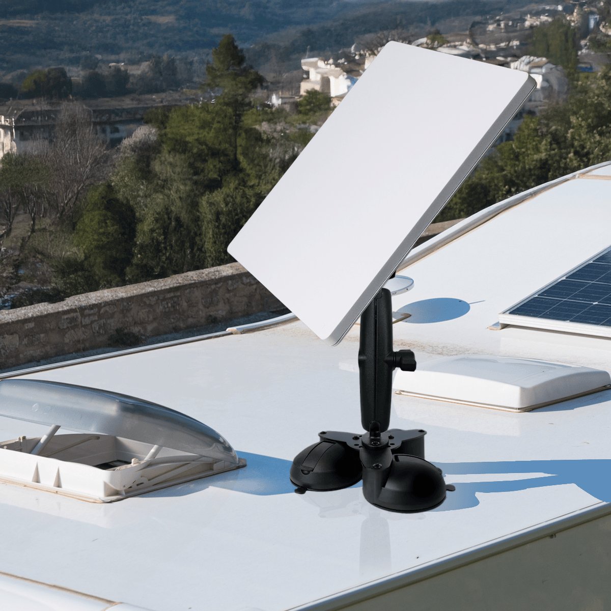Starlink Mini mounted on a white surface with a black triple suction cup mount, ideal for RVs and trucks, SKU: M9560-A3