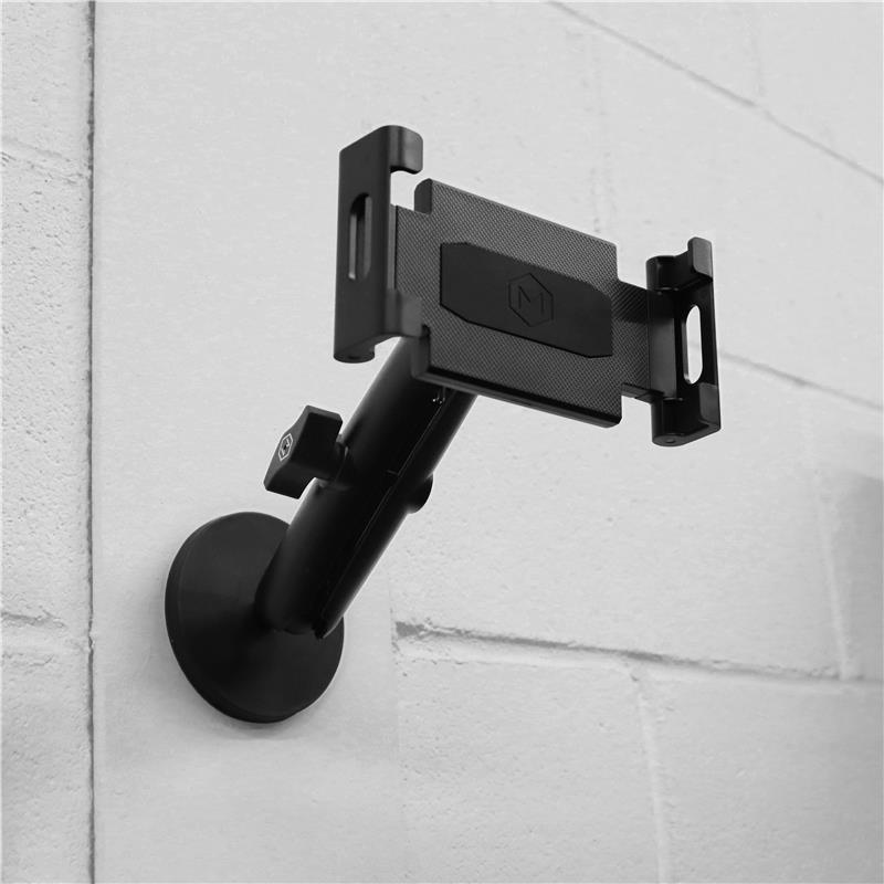 Wall-mounted magnetic iPad holder with adjustable arm, black industrial mount for easy device access, SKU: 12345