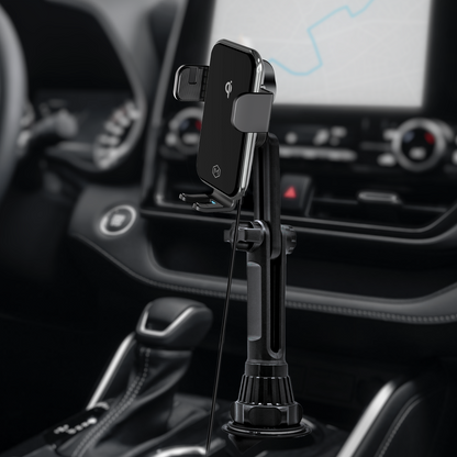 Auto Grip Cup Holder Wireless Charger – 15W Qi Fast Charging Auto-Clamp Phone Mount