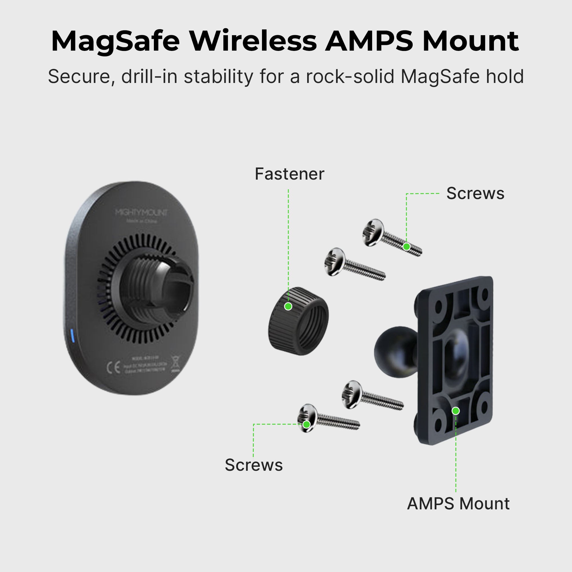 MagSafe Wireless Car Charger Mount – AMPS Drill Base 1200gf N52 Magnets 15W Charging