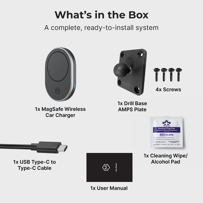 MagSafe Wireless Car Charger Mount – AMPS Drill Base 1200gf N52 Magnets 15W Charging