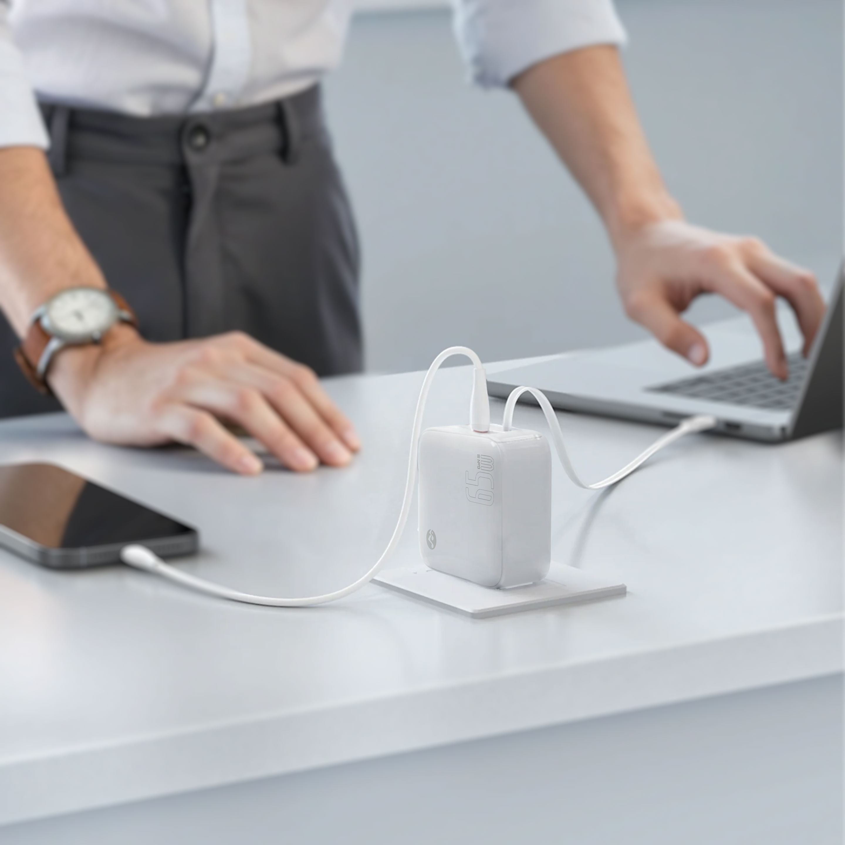 Retract 65W Foldable Wall Charger – Built-In USB-C Cable Fast Charging Adapter for Laptop Phone Tablet