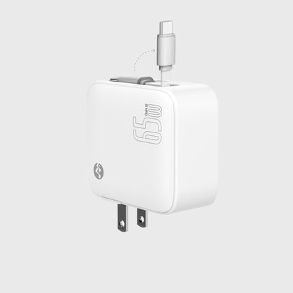 Retract 65W Foldable Wall Charger – Built-In USB-C Cable Fast Charging Adapter for Laptop Phone Tablet